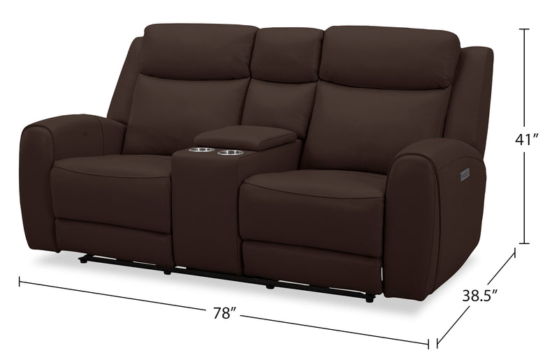 Reign 78\" Top-Grain Genuine Leather Power Reclining Loveseat with Console - Silverado Chocolate Brown