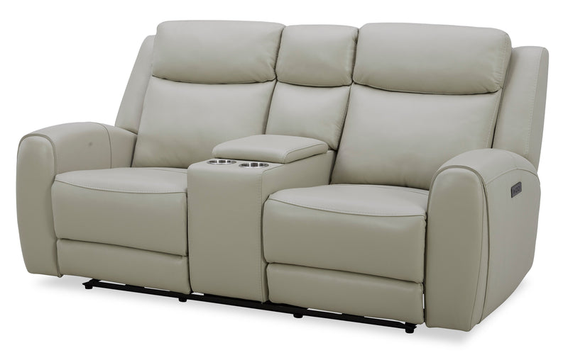 Reign 78\" Top-Grain Genuine Leather Power Reclining Loveseat with Console - Deltona Moonshine Taupe