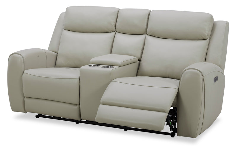 Reign 78\" Top-Grain Genuine Leather Power Reclining Loveseat with Console - Deltona Moonshine Taupe