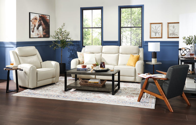 Reign 87\" Top-Grain Genuine Leather Power Reclining Sofa with USB Ports - Deltona Moonshine Taupe