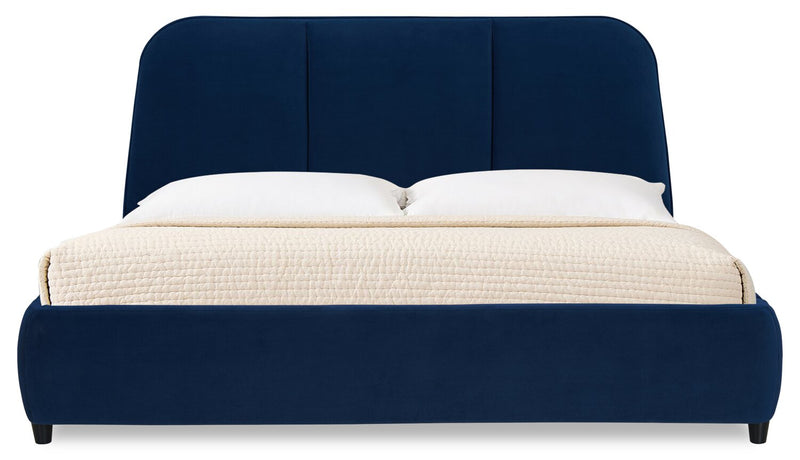 Mave Upholstered Platform Bed in Blue Velvet Fabric - King Size