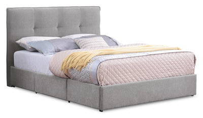 Amos Upholstered Storage Bed in Grey Fabric with Tufted Headboard & 3 Built-in Drawers - Queen Size | Lit de rangement Amos rembourré en tissu gris avec tête de lit capitonnée et 3 tiroirs intégrés - format grand lit