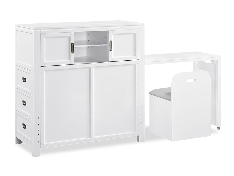 Quinn Platform Bed with Bookcase Headboard, Built-in Desk & Stool, White - Twin Size