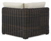 Halifax Outdoor Patio Corner Chair - Resin Wicker, Nuvella Fabric, UV & Weather Resistant - Beige/Brown | Fauteuil en coin Halifax pour la terrasse à l’extérieur - osier en résine, tissu Nuvella, résistant aux rayons UV et aux intempéries - brun et beige