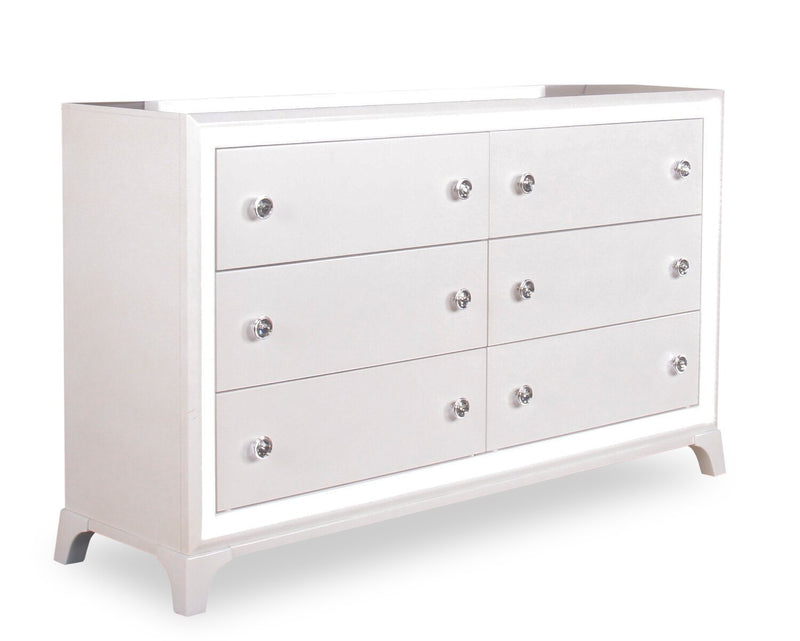 Halo Bedroom 6-Drawer Dresser with LED Light, 58\"W x 35\"H, Glam - White
