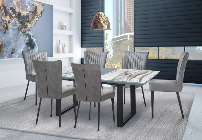 Ezra 7pc Dining Package with 63-79\"W Extension Table & 6 Chairs - Faux White Marble & Grey
