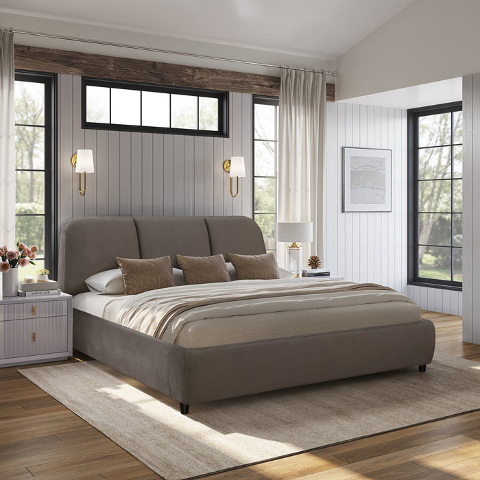 Mave Upholstered Platform Bed in Grey Velvet Fabric - King Size