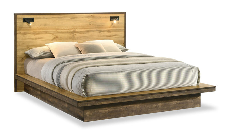 Silas 5pc Bedroom Set with Platform Bed, Dresser & Mirror, LED, Rustic Brown - Queen Size