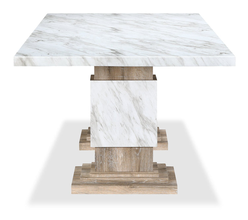 Vega Dining Table, Marble Look, Pedestal Base, 82\"W - Natural & White