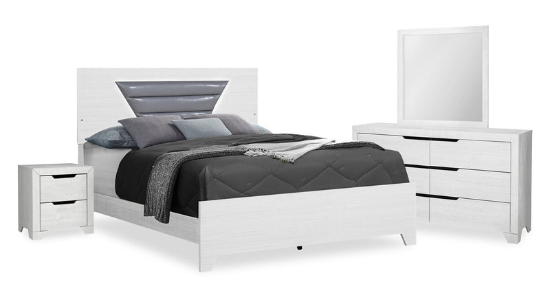 Elite 6pc Bedroom Set with Bed, Dresser, Mirror & Nightstand, LED, Modern, White - Queen Size