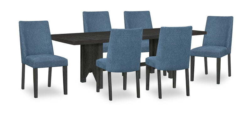 Emery 7pc Dining Set with Table & 6 Chairs, Wood, 72-96\"W Extension - Black & Blue