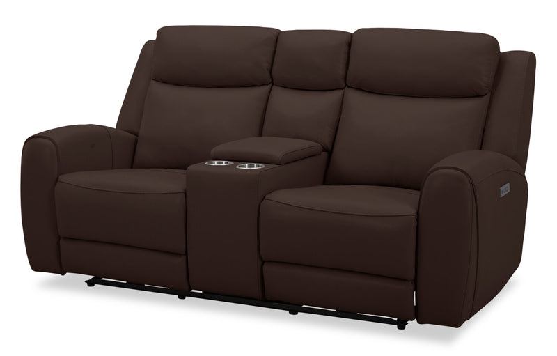 Reign 78\" Top-Grain Genuine Leather Power Reclining Loveseat with Console - Silverado Chocolate Brown