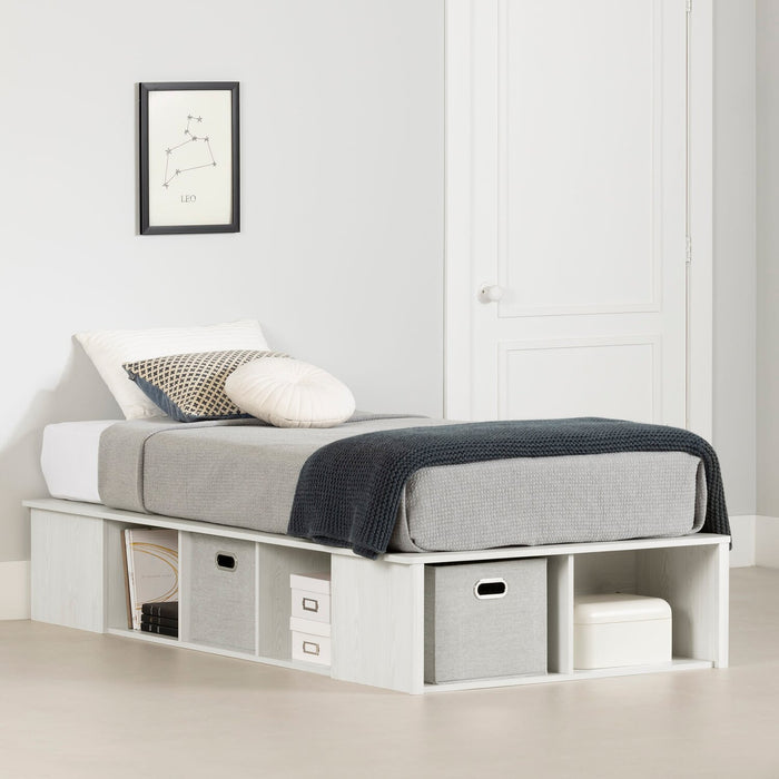 Everley Platform Bed with Built-in Storage & Baskets, White - Twin Size