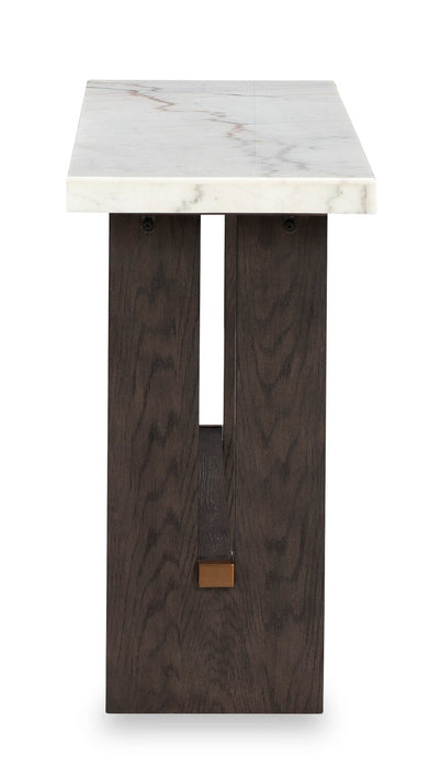 Warwick 52” Solid Wood and Marble Sofa Table – White and Brown Oak