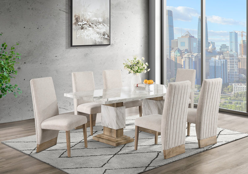 Vega Dining Table, Marble Look, Pedestal Base, 82\"W - Natural & White