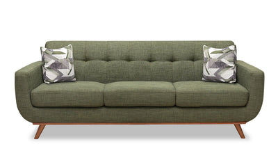 Kort & Co. Freeman 88" Linen-Look Fabric Sofa with Wood Base and Tufted Back Cushions - Avocado Green | Sofa Freeman Kort & Co. de 88 po en tissu d’apparence lin avec pattes en bois et coussins de dossier capitonnés - vert avocat