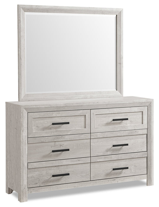 Lark 5pc Bedroom Set with Panel Bed, Dresser & Mirror, Rustic White  - King Size