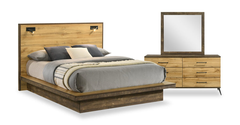 Silas 5pc Bedroom Set with Platform Bed, Dresser & Mirror, LED, Rustic Brown - Full Size