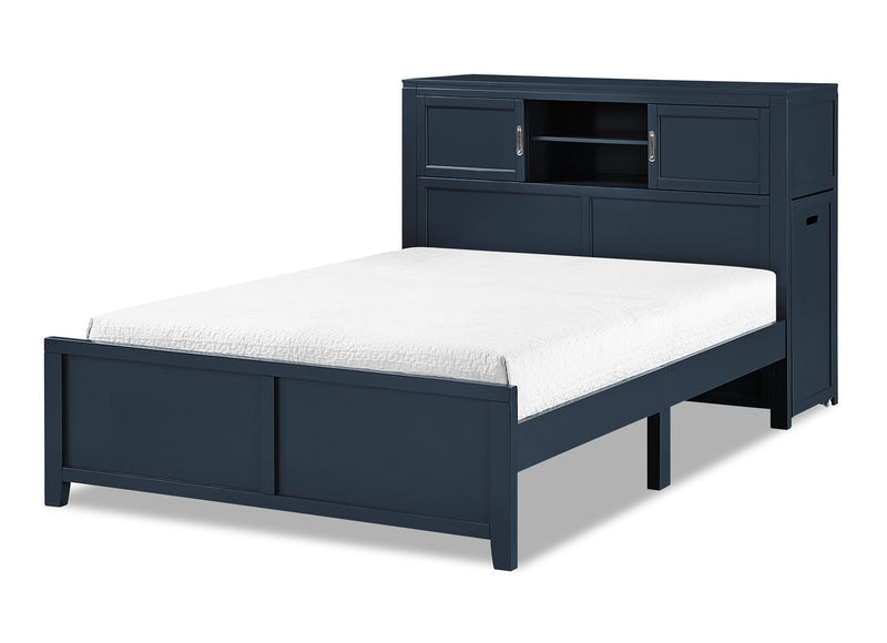 Quinn Platform Bed with Bookcase Headboard, Built-in Desk & Stool, Blue - Full Size