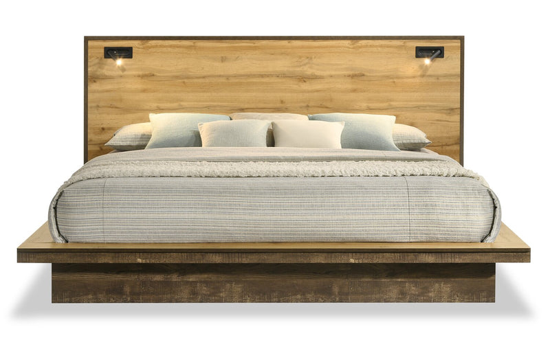 Silas 6pc Bedroom Set with Platform Bed, Dresser, Mirror & Nightstand, LED, Rustic Brown - King Size