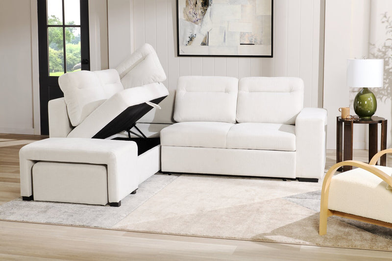 Coast 3-Piece Left-Facing Ivory White Fabric Sleeper Sectional with Storage Chaise and Storage Armrest