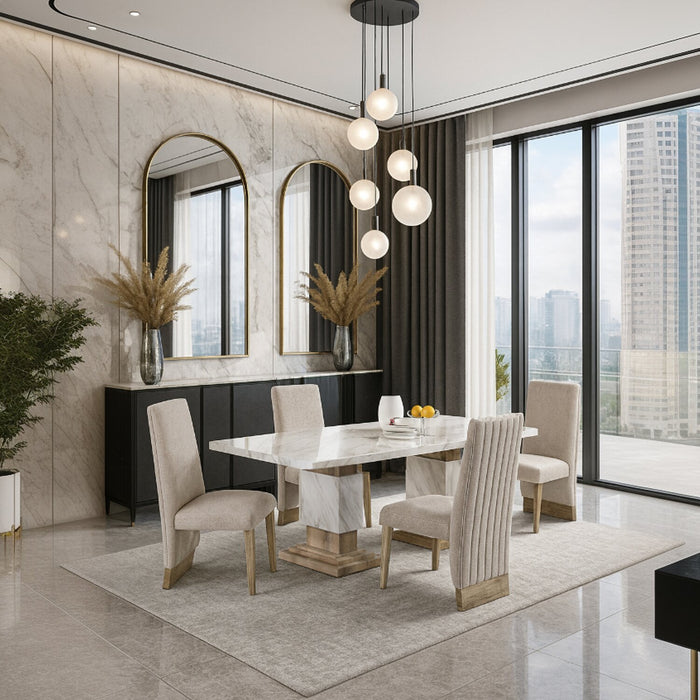 Vega 5pc Dining Set with Table & 4 Chairs, Marble Look, Pedestal Base, 82\"W - Natural & White