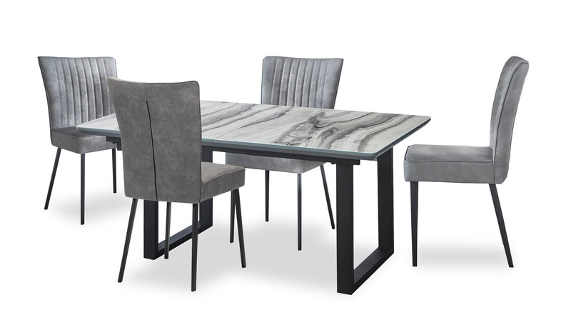 Ezra Dining Table, 63-79\"W Self-Storing Butterfly Leaf, Metal, Glass, Faux Marble - White