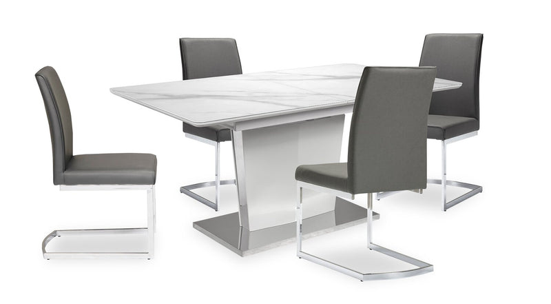 Naya 5pc Dining Package with 63-78.75\"W Extension Table & 4 Chairs - Faux White Marble & Grey