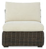 Halifax Outdoor Patio Armless Chair - Resin Wicker, Nuvella Fabric, UV & Weather Resistant - Beige/Brown | Fauteuil sans accoudoirs Halifax pour la terrasse à l’extérieur - osier en résine, tissu Nuvella - brun et beige