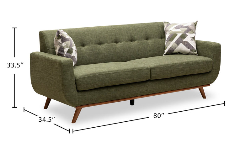 Kort & Co. Freeman 80” Linen-Look Fabric Condo Size Sofa with Wood Legs - Avocado Green