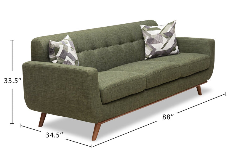 Kort & Co. Freeman 88\" Linen-Look Fabric Sofa with Wood Base and Tufted Back Cushions - Avocado Green