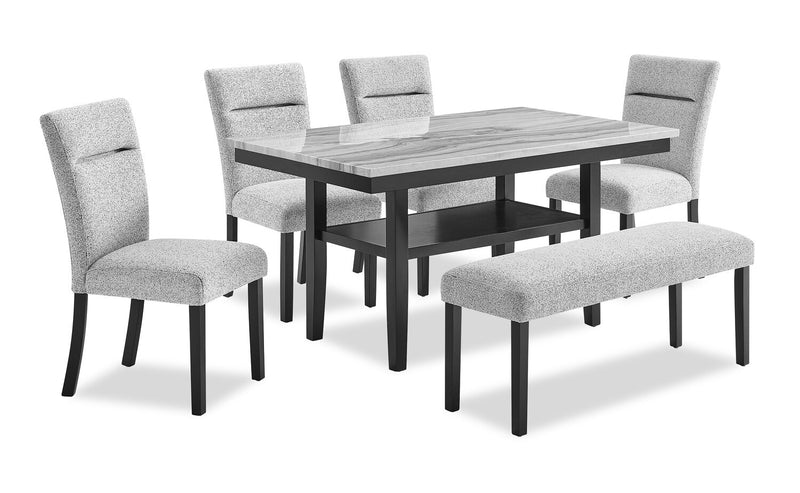 Libra 6pc Dining Set with Table, Bench & 4 Chairs, Marble-Look Top, 60\"W - Black/Grey