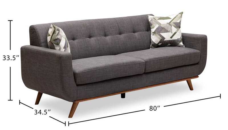 Kort & Co. Freeman 80” Linen-Look Fabric Condo Size Sofa with Wood Legs - Charcoal Grey
