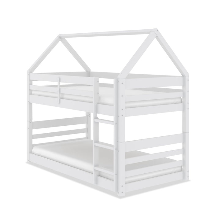 Gemma Twin Over Twin House Bunk Bed with Roof, Built-in Ladder & Guardrails for Kids - White