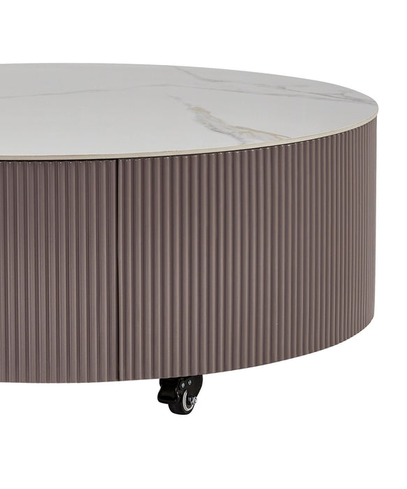 Circa 31.5\" Modern Round Coffee Table with White Sintered Stone Top, Storage and Casters - Grey-Taupe