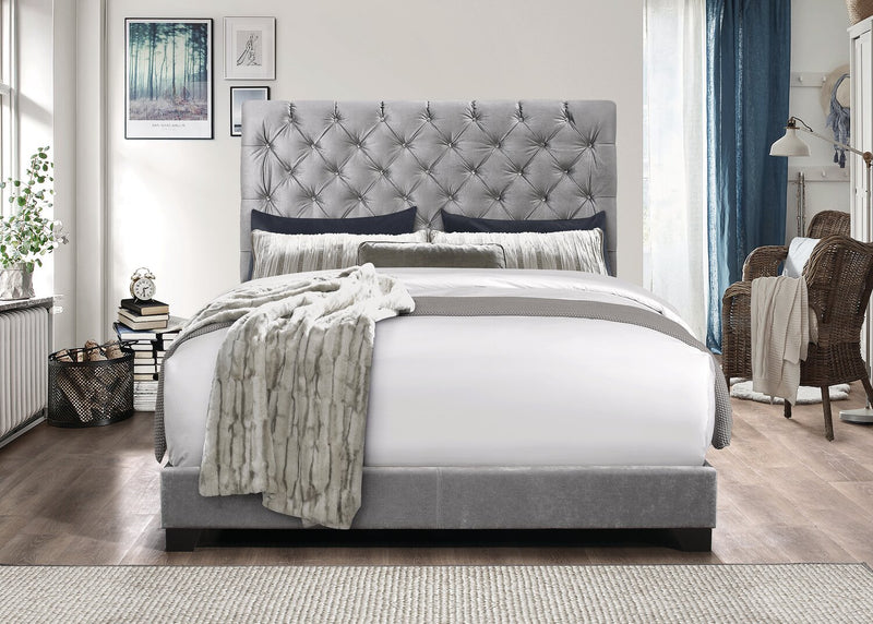 Candace Upholstered Bed in Velvet Grey Fabric, Button Tufted - Queen Size