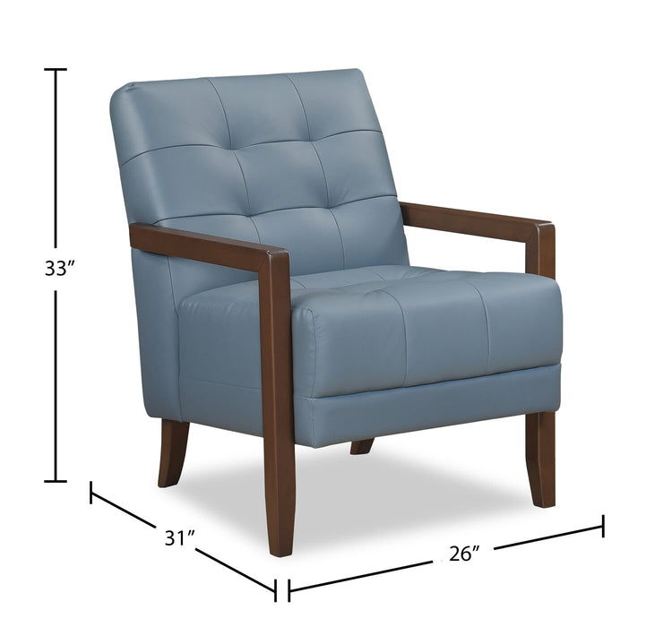 Enzo 26\" Genuine Leather Accent Chair with Biscuit Tufting, Track Arms and Wood Legs - Blue