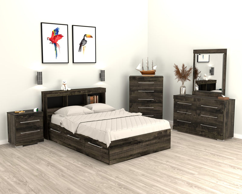 Riley Mates Bed with Bookcase Headboard Set for Kids, Made in Canada, Grey - Full Size