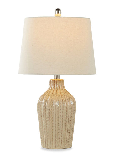 Willa Rockwell 23" Contemporary Ceramic Table Lamp in Cuban Sand Ceramic, Polished Nickel and Natural Linen Shade 