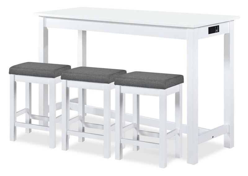 Noah 60” Modern Dining Table with 3 Counter-Height Stools and USB Ports - White