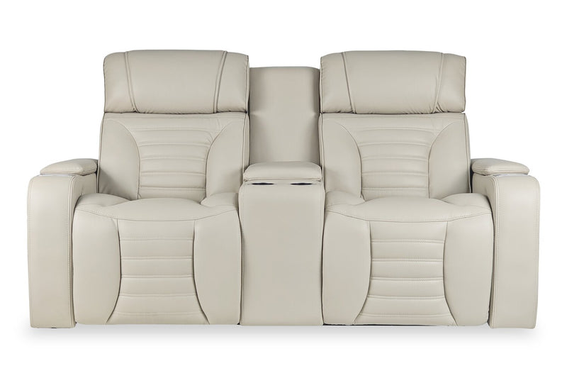 Zen 75.5\" Leather-Look Fabric Power Reclining Massage Loveseat with Refrigerator Console - Apricot