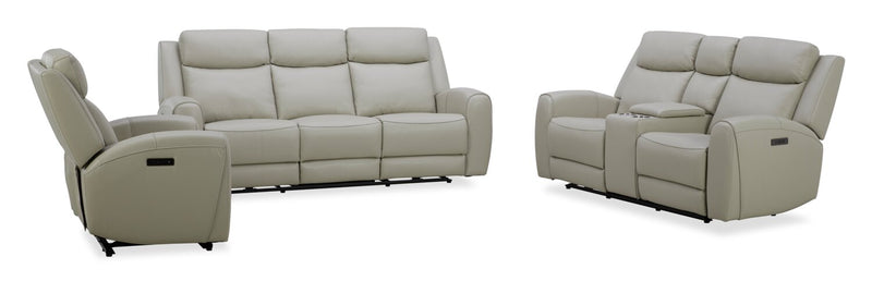 Reign 87\" Top-Grain Genuine Leather Power Reclining Sofa with USB Ports - Deltona Moonshine Taupe