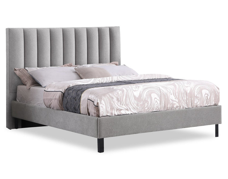 Amos Upholstered Platform Bed in Grey Fabric with Channelled Headboard - Full Size