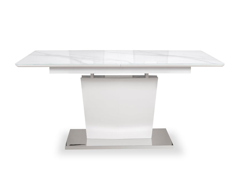 Naya Dining Table, 63-78.75\"W Self-Storing Butterfly Leaf, Metal, Glass, Faux Marble – White