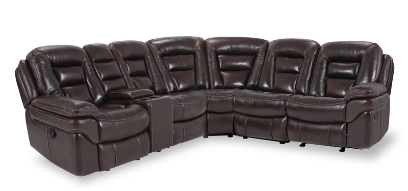 Leo 6-Piece Genuine Leather Reclining Sectional with Storage Console and Dual Cupholders - Walnut Brown