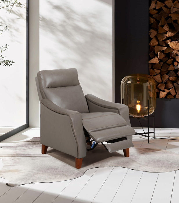 Natalie 32.5\" Top-Grain Genuine Leather Pushback Reclining Chair with Wood Legs - Grey