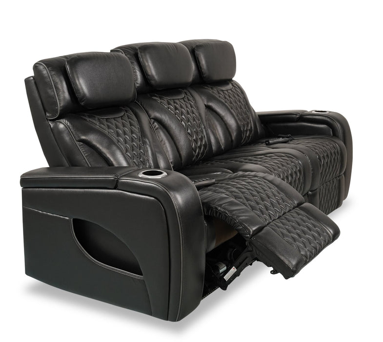 Elite 86\" Genuine Leather Massage Power Reclining Sofa with Power Headrests and Storage Arms - Black