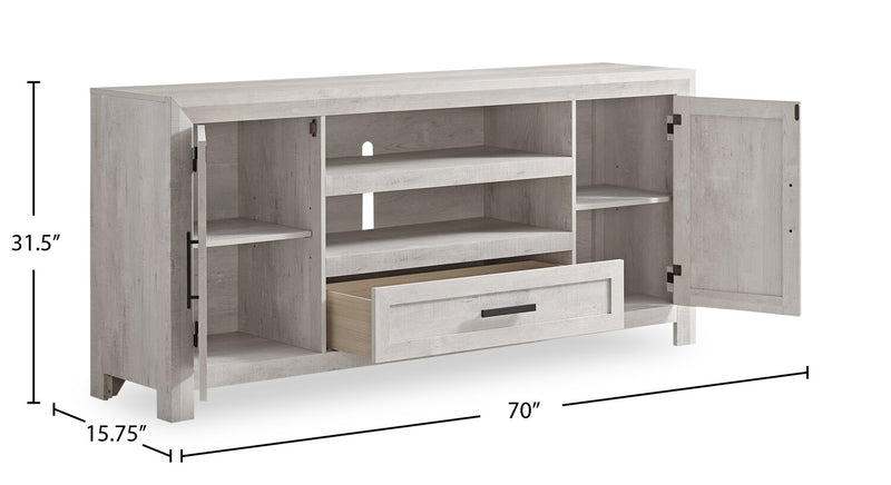 Scott Living Hayward 70” Modern TV Stand with Storage and Cable Management for TVs up to 75” - White