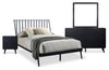 Milan 6pc Bedroom Set with Bed, Dresser, Mirror & Nightstand, Mid-Century Modern, Black - Full Size | Ensemble de chambre à coucher Milan 6 pièces de style moderne du milieu du 20e siècle avec lit, commode, miroir et table de nuit, noir - lit double