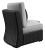 Jasper Outdoor Patio Corner Chair - Resin Wicker, Nuvella Fabric, UV & Weather Resistant - Grey/Black | Fauteuil en coin Jasper pour la terrasse à l’extérieur - osier en résine, tissu Nuvella, résistant aux rayons UV et aux intempéries - gris et noir